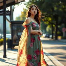 A young woman standing at a bus stop, wearing a flowing, elegant off-the-shoulder dress that drapes beautifully around her figure