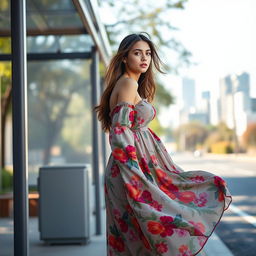 A young woman standing at a bus stop, wearing a flowing, elegant off-the-shoulder dress that drapes beautifully around her figure