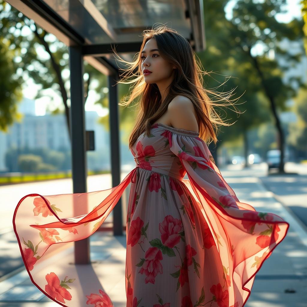 A young woman standing at a bus stop, wearing a flowing, elegant off-the-shoulder dress that drapes beautifully around her figure