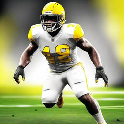 Visualize a high-quality, digital art image featuring a football player in the center of the frame