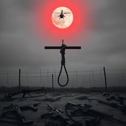 A grim scene featuring a gallows with ropes and chains positioned prominently in the foreground