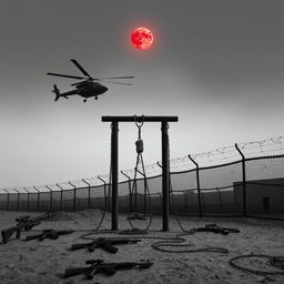 A grim scene featuring a gallows with ropes and chains positioned prominently in the foreground