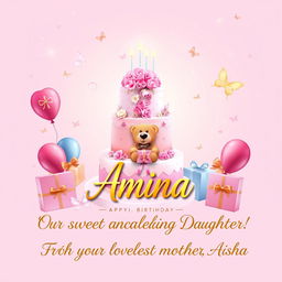 A beautiful birthday card design for a daughter named Amina, featuring a soft pastel pink and lavender background decorated with sparkles, butterflies, and delicate floral patterns
