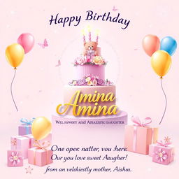 A beautiful birthday card design for a daughter named Amina, featuring a soft pastel pink and lavender background decorated with sparkles, butterflies, and delicate floral patterns
