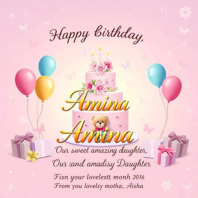 A beautiful birthday card design for a daughter named Amina, featuring a soft pastel pink and lavender background decorated with sparkles, butterflies, and delicate floral patterns