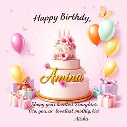 A beautiful birthday card design for a daughter named Amina, featuring a soft pastel pink and lavender background decorated with sparkles, butterflies, and delicate floral patterns