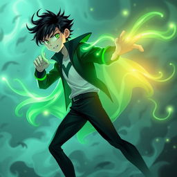 A striking fusion between Danny Phantom, a teenage boy with dark hair and a signature green ghostly aura, and Ectoplasma, featuring flowing ectoplasmic form with vibrant shades of green and ethereal wisps