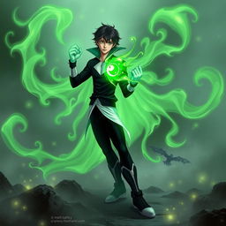 A striking fusion between Danny Phantom, a teenage boy with dark hair and a signature green ghostly aura, and Ectoplasma, featuring flowing ectoplasmic form with vibrant shades of green and ethereal wisps
