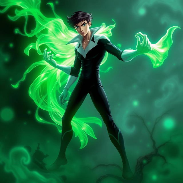 A striking fusion between Danny Phantom, a teenage boy with dark hair and a signature green ghostly aura, and Ectoplasma, featuring flowing ectoplasmic form with vibrant shades of green and ethereal wisps