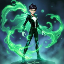 A striking fusion between Danny Phantom, a teenage boy with dark hair and a signature green ghostly aura, and Ectoplasma, featuring flowing ectoplasmic form with vibrant shades of green and ethereal wisps