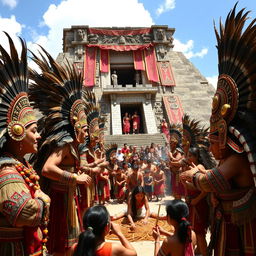 An Aztec religious ceremony at the Templo Mayor in 1512, featuring Aztec priests performing a ritual with offerings and sacrifices