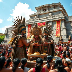 An Aztec religious ceremony at the Templo Mayor in 1512, featuring Aztec priests performing a ritual with offerings and sacrifices