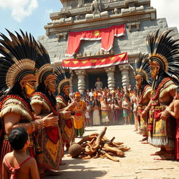 An Aztec religious ceremony at the Templo Mayor in 1512, featuring Aztec priests performing a ritual with offerings and sacrifices