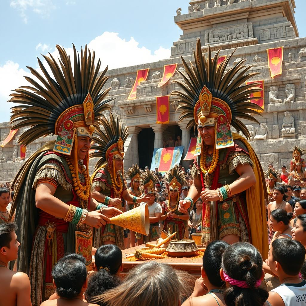 An Aztec religious ceremony at the Templo Mayor in 1512, featuring Aztec priests performing a ritual with offerings and sacrifices
