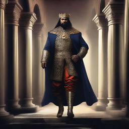 A digital art piece depicting a king stepping out of prison, his regal attire contrasting with the grim surroundings