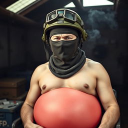 A playful scene featuring a man wearing a Spetsnaz k6-3 helmet that completely covers his face, with a balaclava and a closed visor