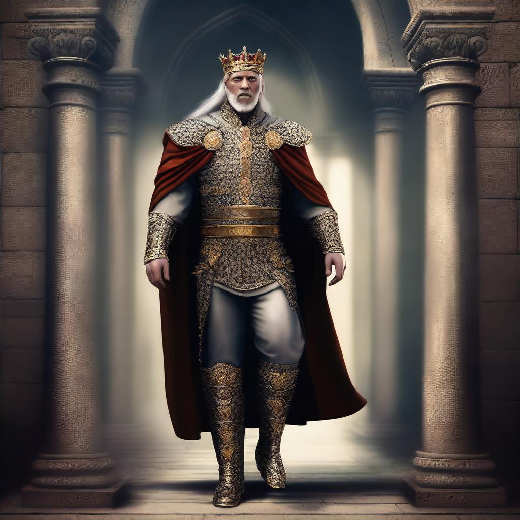 A digital art piece depicting a king stepping out of prison, his regal attire contrasting with the grim surroundings