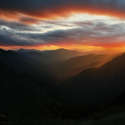 A grand, sweeping view of a mountain range during sunset, with dramatic shadows and colors splashed across the sky. Peaks are reaching for the heavens, embodying the essence of 'elevation'.