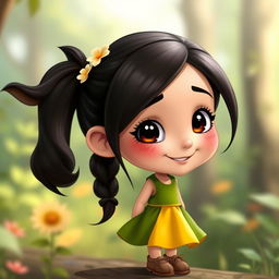 A young woman with a heart-shaped face featuring soft features and a bright, kind smile