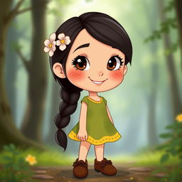 A young woman with a heart-shaped face featuring soft features and a bright, kind smile