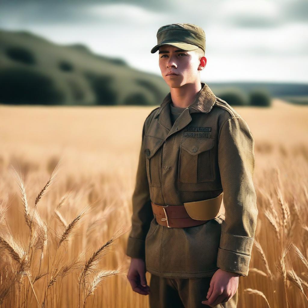 A high-quality digital art image illustrating a young soldier standing by a roadside, with fields of golden wheat swaying in the background