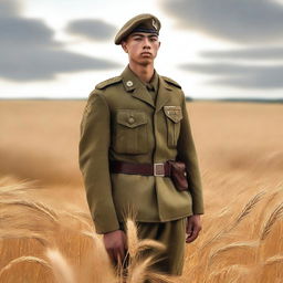 A high-quality digital art image illustrating a young soldier standing by a roadside, with fields of golden wheat swaying in the background