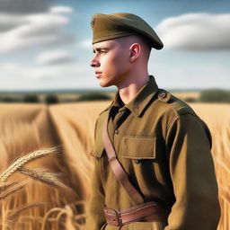 A high-quality digital art image illustrating a young soldier standing by a roadside, with fields of golden wheat swaying in the background