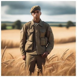 A high-quality digital art image illustrating a young soldier standing by a roadside, with fields of golden wheat swaying in the background