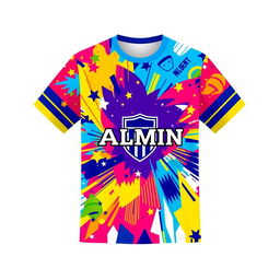 A vibrant and colorful alumni t-shirt design featuring a full sublimation pattern