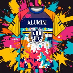 A vibrant and colorful alumni t-shirt design featuring a full sublimation pattern