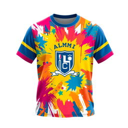 A vibrant and colorful alumni t-shirt design featuring a full sublimation pattern