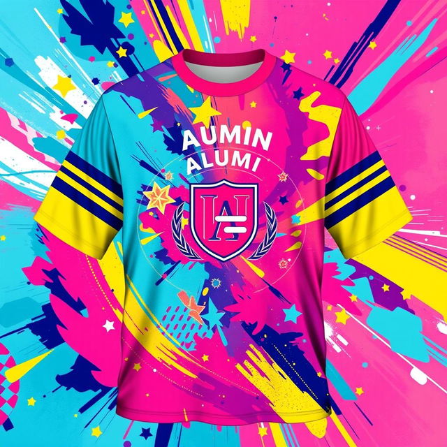 A vibrant and colorful alumni t-shirt design featuring a full sublimation pattern