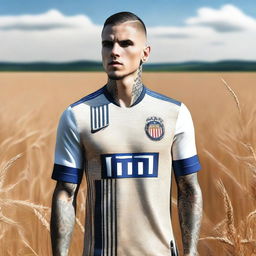 A high-quality digital art image illustrating footballer Mauro Icardi standing by a roadside, with fields of golden wheat swaying in the background