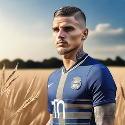 A high-quality digital art image illustrating footballer Mauro Icardi standing by a roadside, with fields of golden wheat swaying in the background