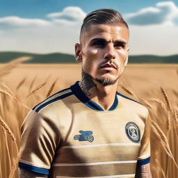 A high-quality digital art image illustrating footballer Mauro Icardi standing by a roadside, with fields of golden wheat swaying in the background