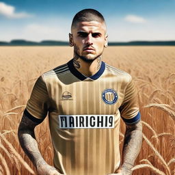 A high-quality digital art image illustrating footballer Mauro Icardi standing by a roadside, with fields of golden wheat swaying in the background