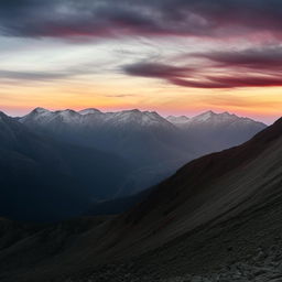 A grand, sweeping view of a mountain range during sunset, with dramatic shadows and colors splashed across the sky. Peaks are reaching for the heavens, embodying the essence of 'elevation'.