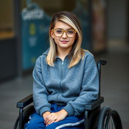 A girl sitting in a wheelchair, standing at a height of 1