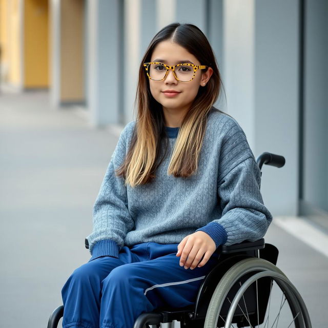 A girl sitting in a wheelchair, standing at a height of 1