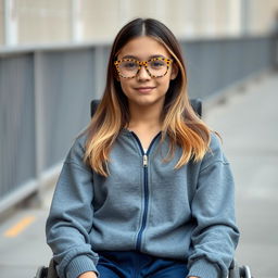 A girl sitting in a wheelchair, standing at a height of 1