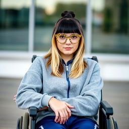 A girl sitting in a wheelchair, standing at a height of 1