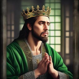 A high-quality digital art piece depicting a handsome king with beautiful green eyes, praying in solitude within a prison cell