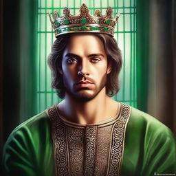 A high-quality digital art piece depicting a handsome king with beautiful green eyes, praying in solitude within a prison cell