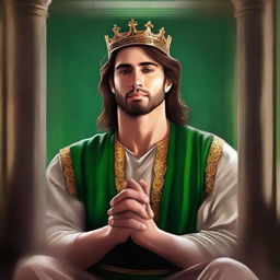 A high-quality digital art piece depicting a handsome king with beautiful green eyes, praying in solitude within a prison cell