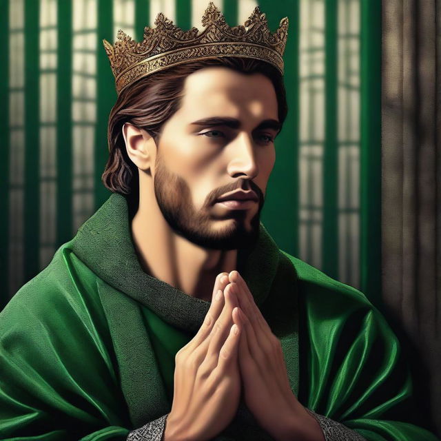 A high-quality digital art piece depicting a handsome king with beautiful green eyes, praying in solitude within a prison cell