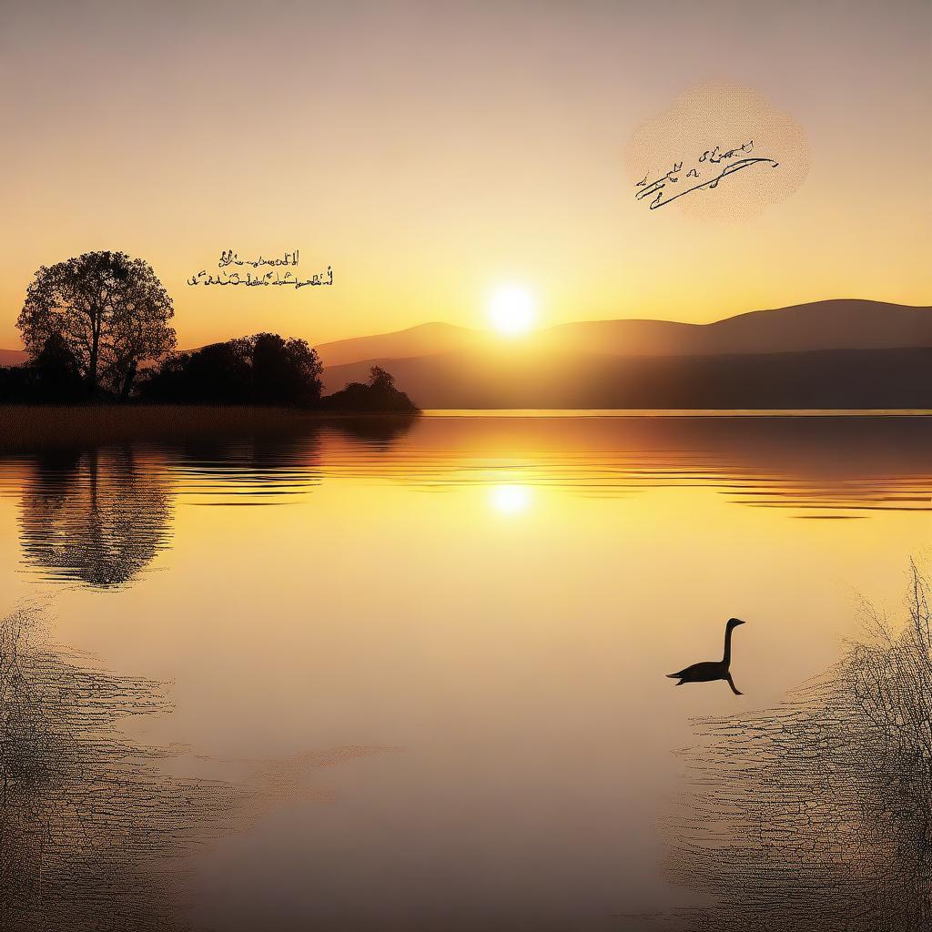 A high-quality digital art piece depicting a serene landscape at sunset, with the phrase 'Sabret