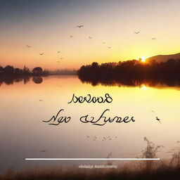 A high-quality digital art piece depicting a serene landscape at sunset, with the phrase 'Sabret