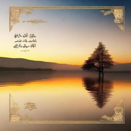 A high-quality digital art piece depicting a serene landscape at sunset, with the phrase 'Sabret