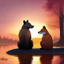 An image, rendered in high quality digital art, portrays a serene scene of a bear and a fox sitting side by side, quietly enjoying a breathtaking sunset