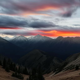 A grand, sweeping view of a mountain range during sunset, with dramatic shadows and colors splashed across the sky. Peaks are reaching for the heavens, embodying the essence of 'elevation'.